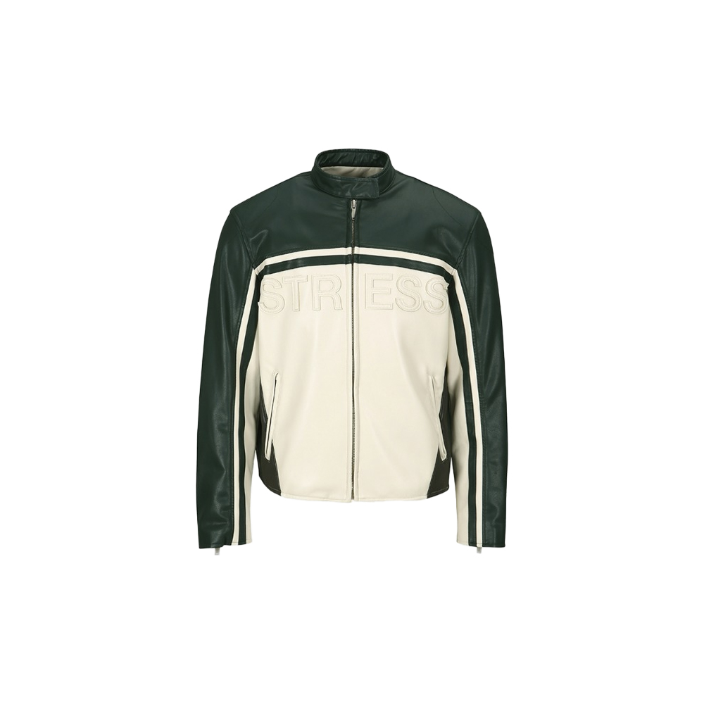 [Meantime : 민타임] &#039;Storm &amp; Stress&#039; Motorcycle Vegan Leather Jacket Billiard green &amp; Off-white
