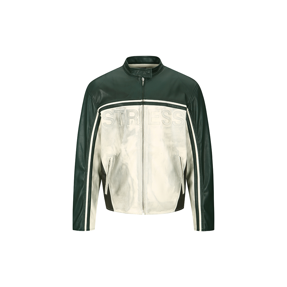 [Meantime : 민타임] &#039;Storm &amp; Stress&#039; Motorcycle Vegan Leather Jacket Dirty Green &amp; Off-white