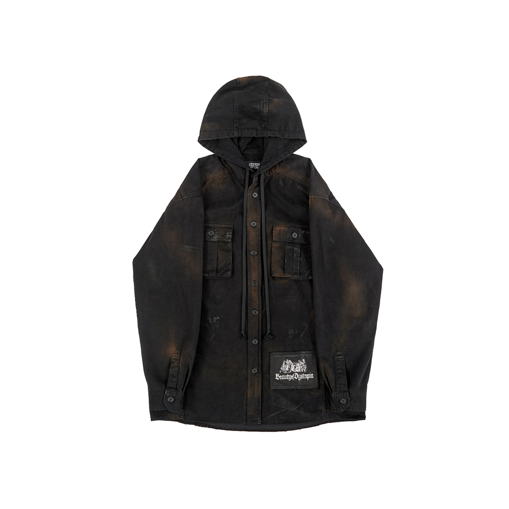 [SUNDAYOFFCLUB : 선데이오프클럽] Beauty Of Dystopia Patched Hooded Shirt - Washed Black