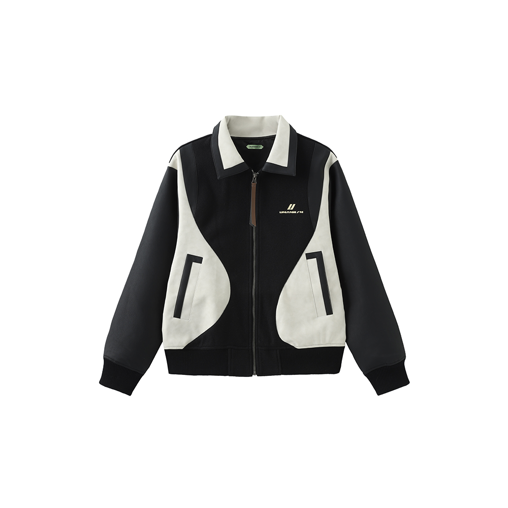 [UMAMIISM : 우마미즘] Leather collar detail curved panels varsity jacket black