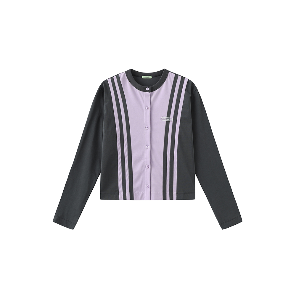 [UMAMIISM : 우마미즘] Color block multiple stripe pattern cardigan purple&amp;pink