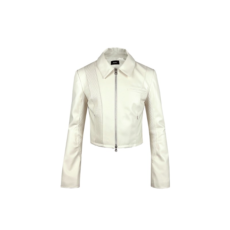 [MEANTIME : 민타임] &#039;The Notes&#039; Embroidered line panels vegan leather jacket cream