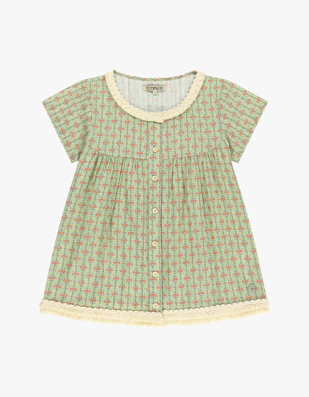 coyseio FRINGE SHIRRINGBLOUSE 花柄 半袖シャツ Coyseio Fringe Shirring Blouse - Black | 하이츠스토어
