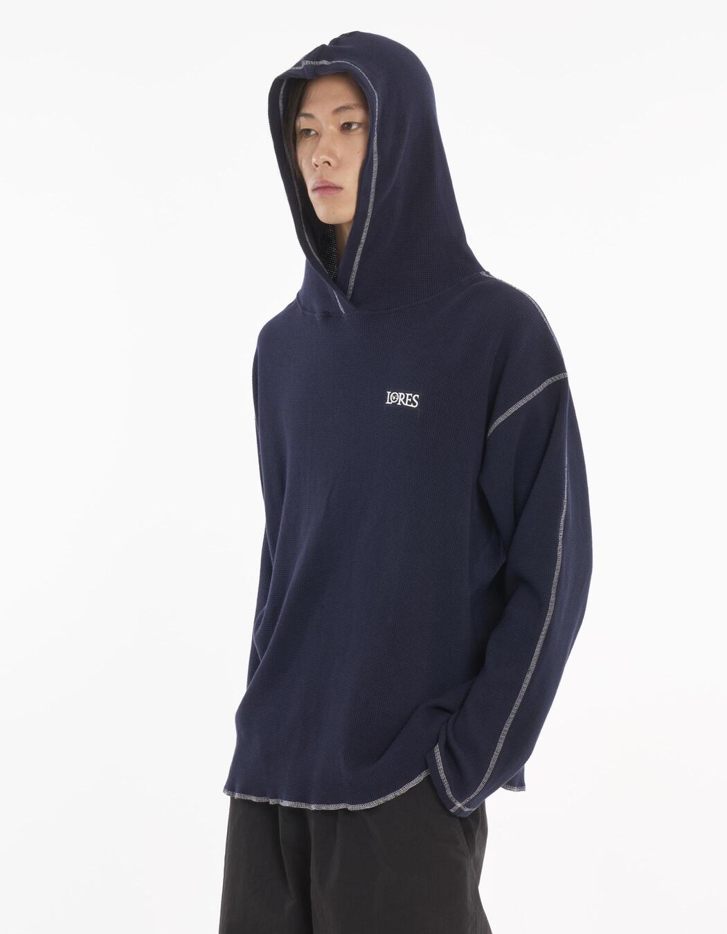 人気 ☆LORES☆ HOODED WAFFLE L/S TEE LORES Hooded Waffle L/S Tee - Navy | 하이츠스토어