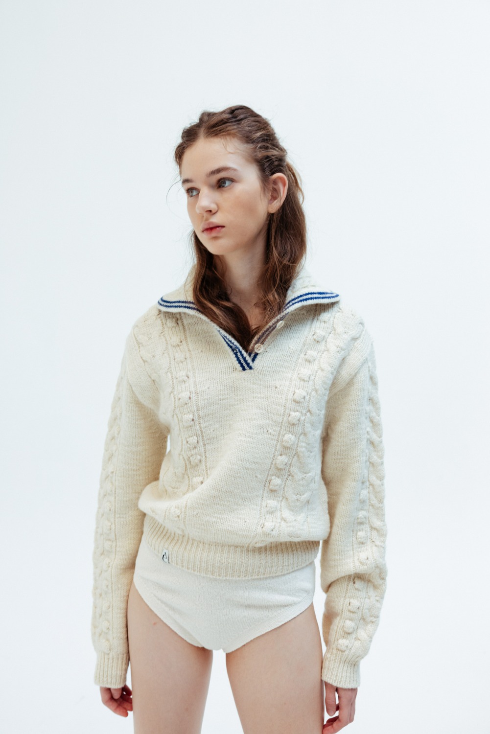 Mused Sailor Collar Wool Cable Knit Pullover - Natural