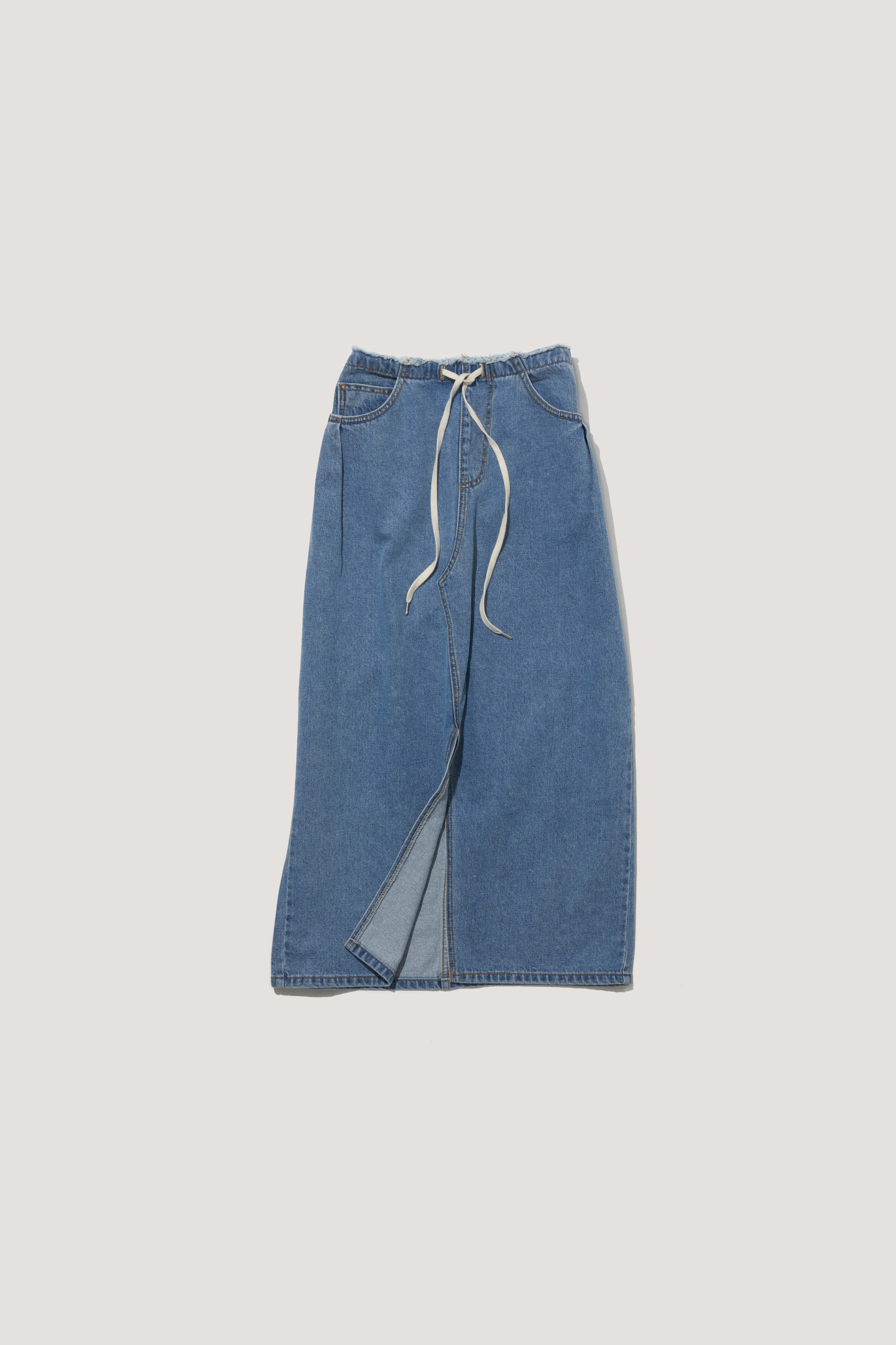 Natural Cut Waist String Denim Skirt [light blue]