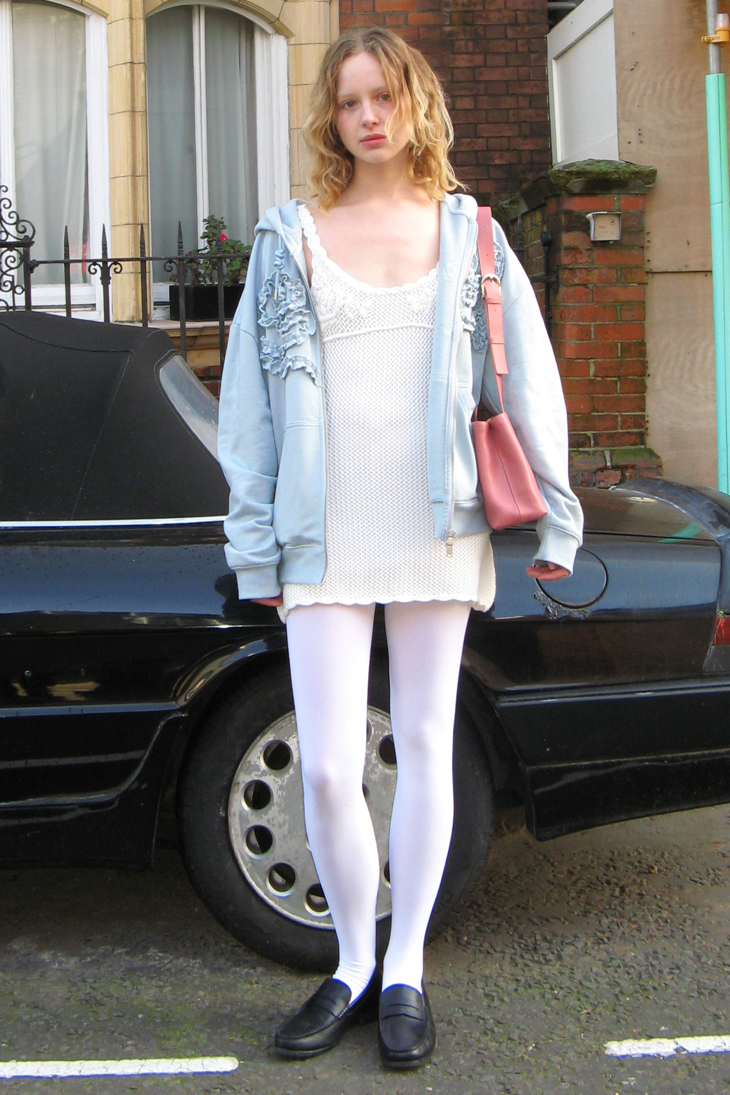 SINOON] 집업 Rose Frill Oversized-Fit Hooded Zip-Up 블루 | 집업