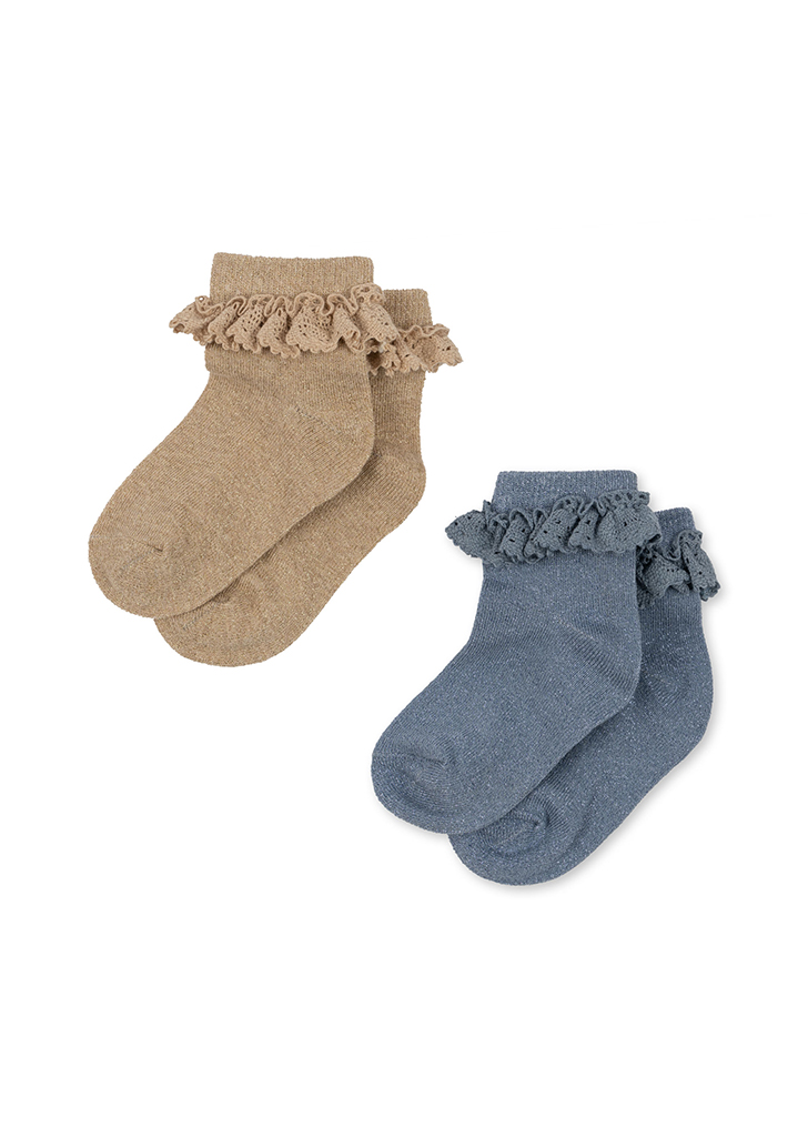 2 Pack Lace Lurex Socks - Sand/Blue