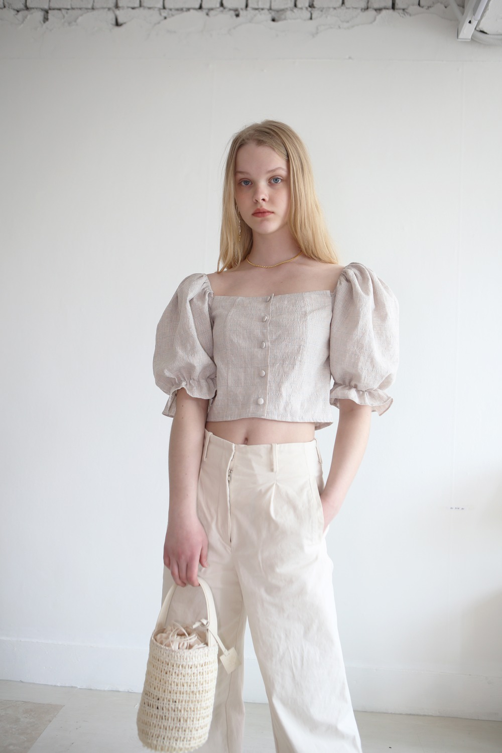 LINEN SQUARE PUFF BLOUSES [CHECK]