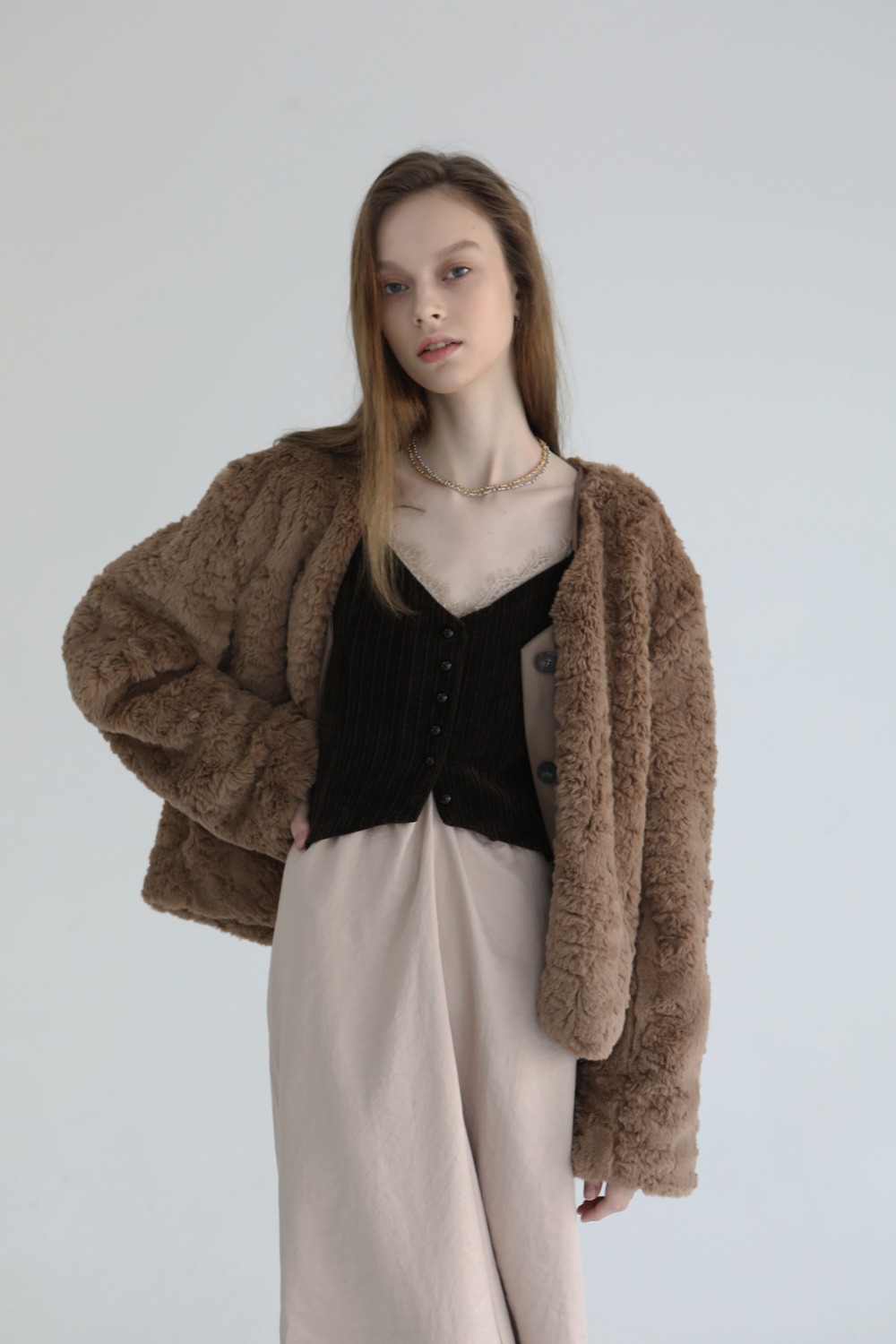 2ND_Leather mix fur jacket [Brown]