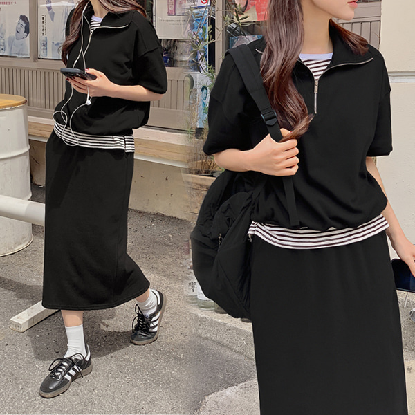 コーデセット　半袖オーバーサイズシャツ　スウェットスカート ♥ H O T P I N G ♥ | ハーフジップアップ半袖スウェット+ロング