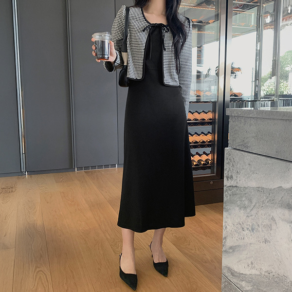 黒ドット柄ノースリーブワンピースとカーディガンコーデ2点まとめ売りセットアップ ♥ H O T P I N G ♥ | ハウンドトゥースボレロカーディガン＆スリーブ