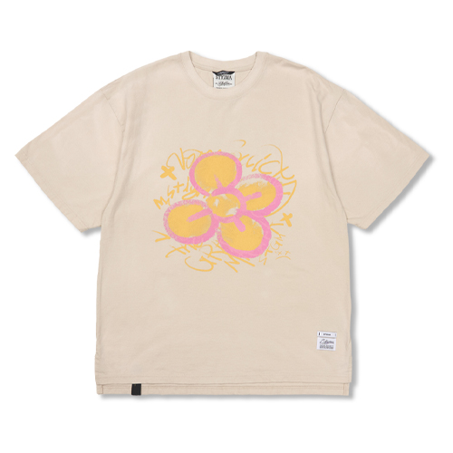 Crayon Flower Vintage-Like Washed Oversized Short Sleeves T-Shirts Beige