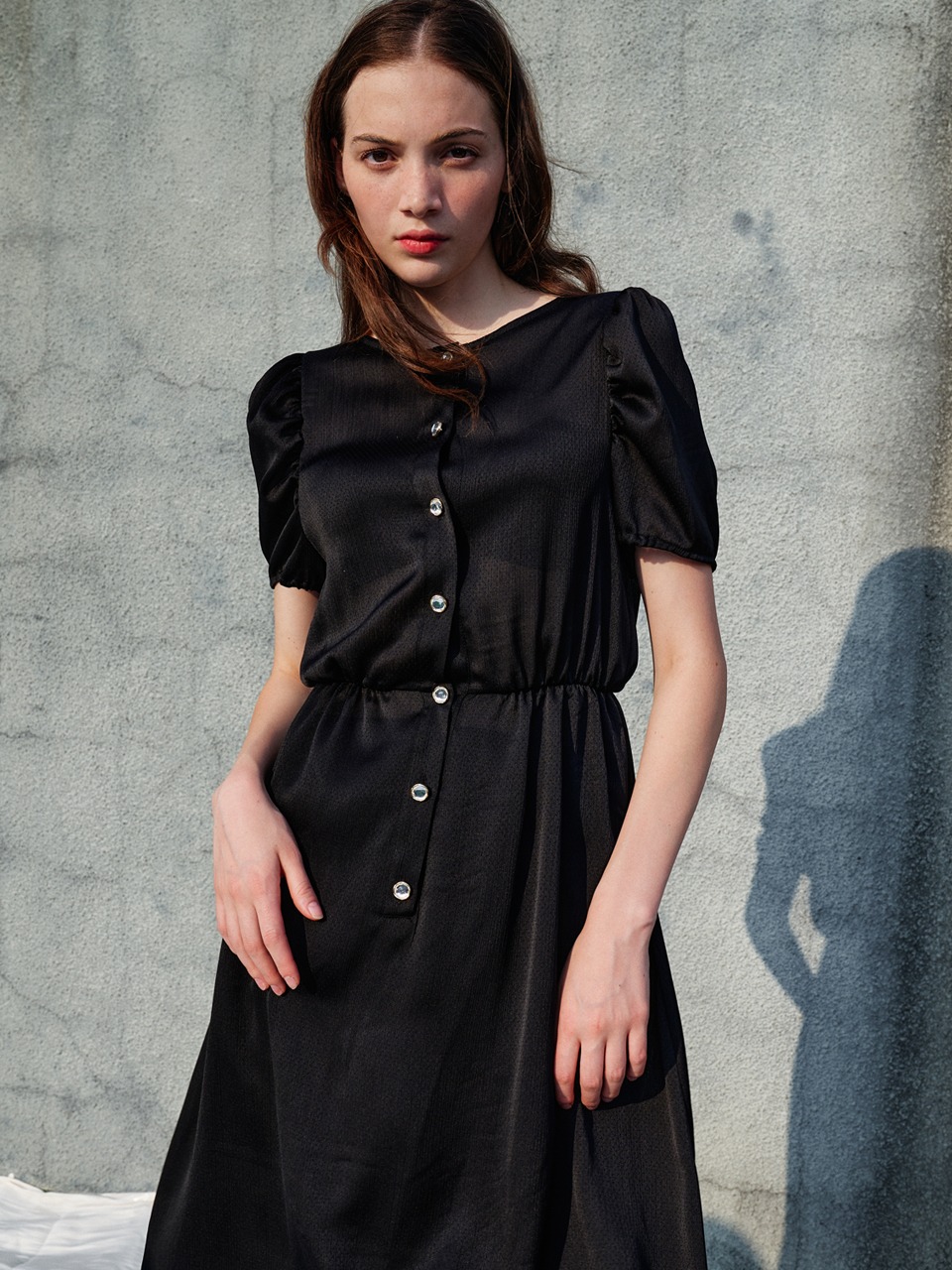 [리퍼브] Jacqueline Puff Sleeve Satin Dress_Black