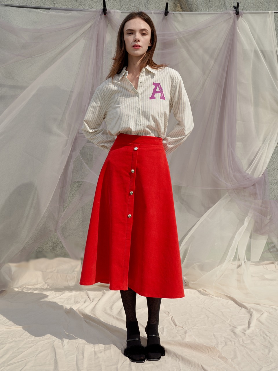 [23FW 신상특가] Lyly Rose Corduroy Flare Skirt_Red