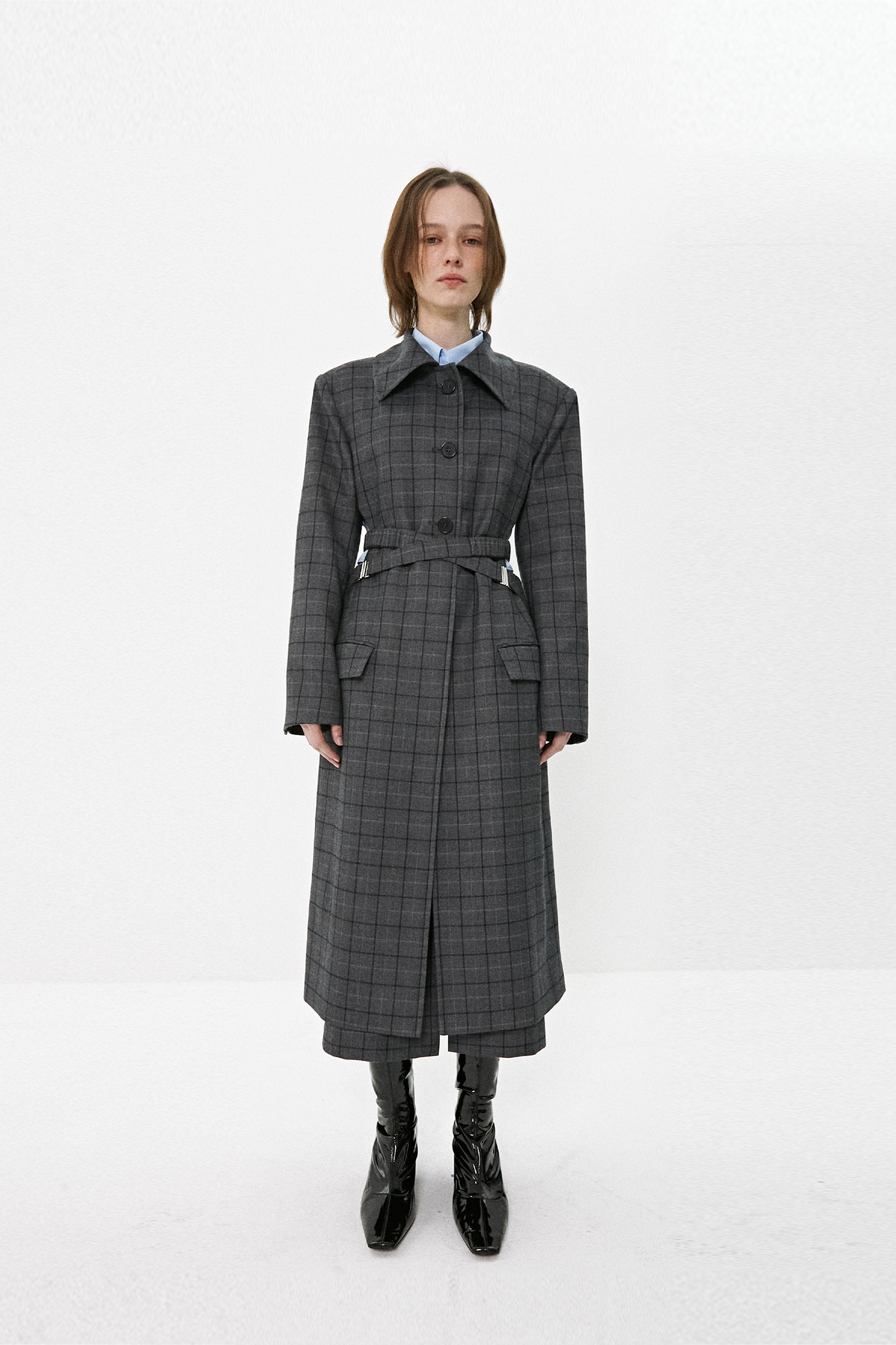 Cross Belted Cut-Out Check Coat