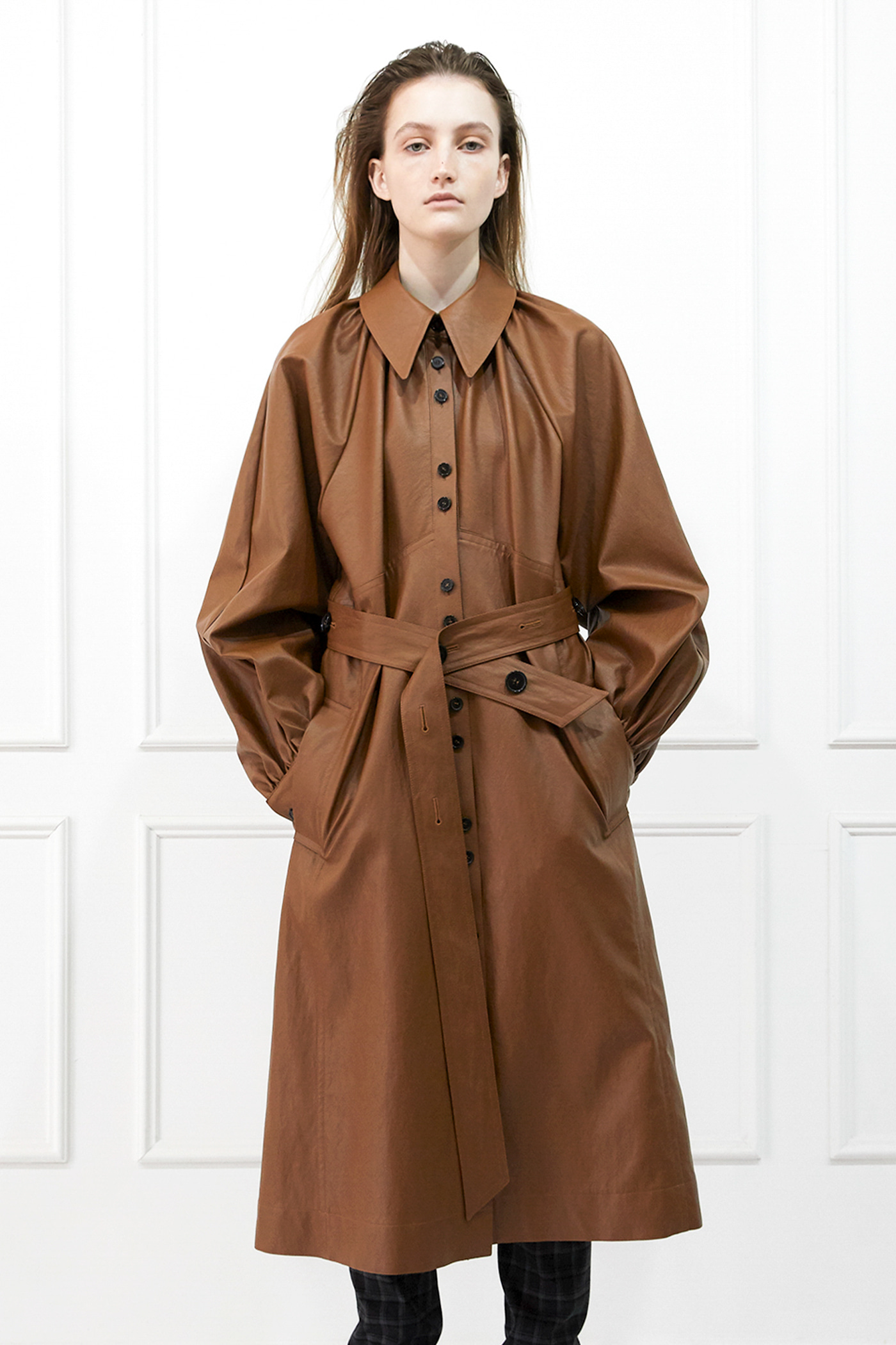 Faux-Leather Button Belted Dress_BR