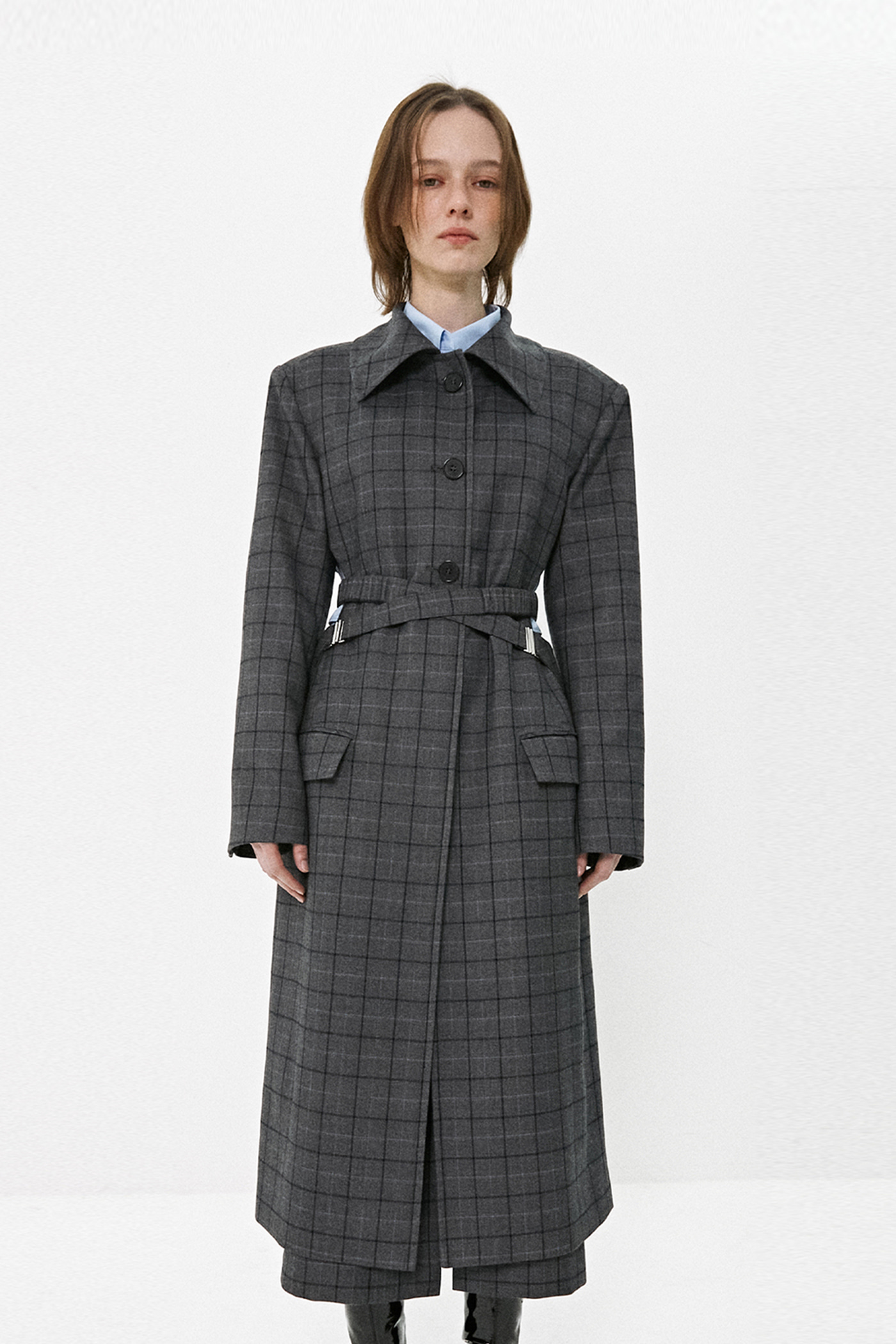 Cross Belted Cut-Out Check Coat