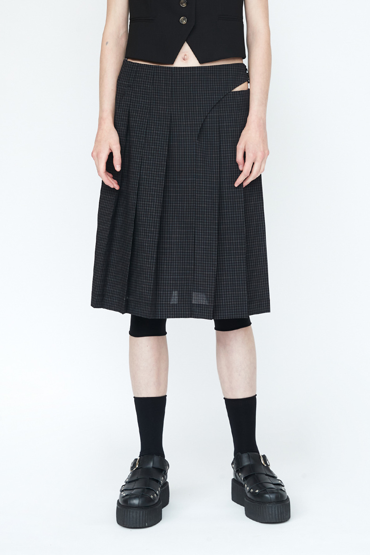 Check Pleated Midi Skirt