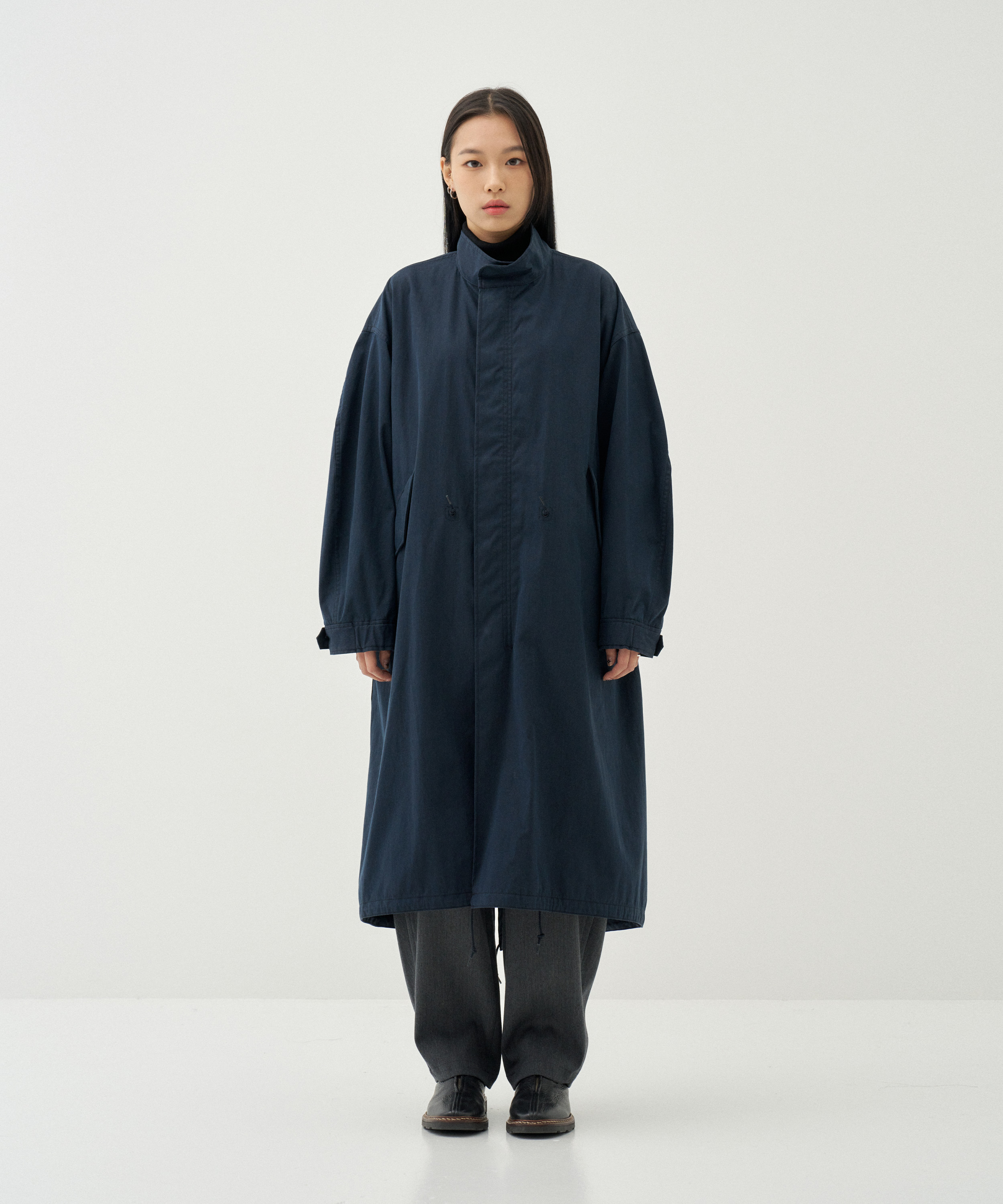 (w) Canvas Stand Collar Military Coat (Navy)