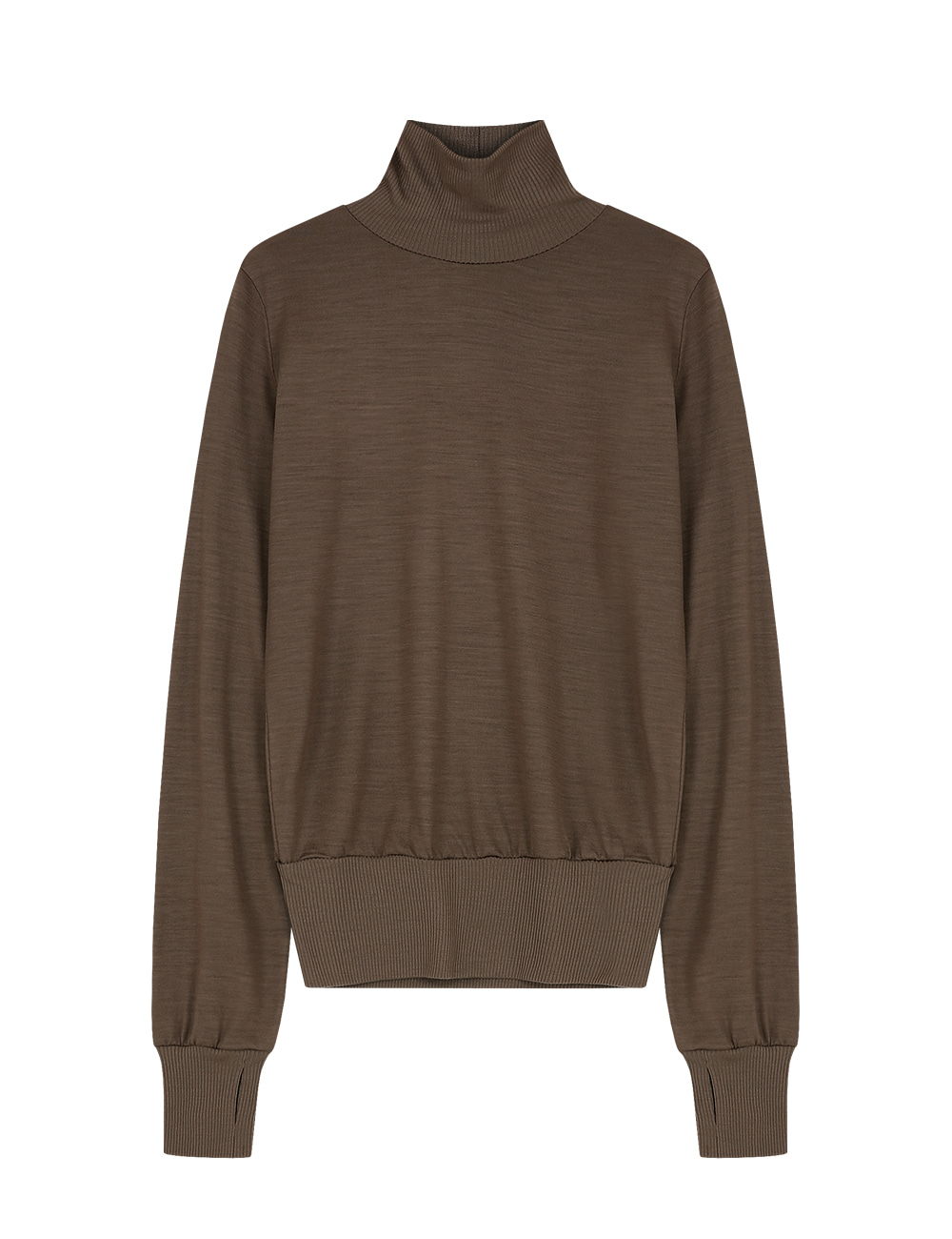 COVER STITCH WOOL JERSEY MOCK NECK TOP (BROWN)