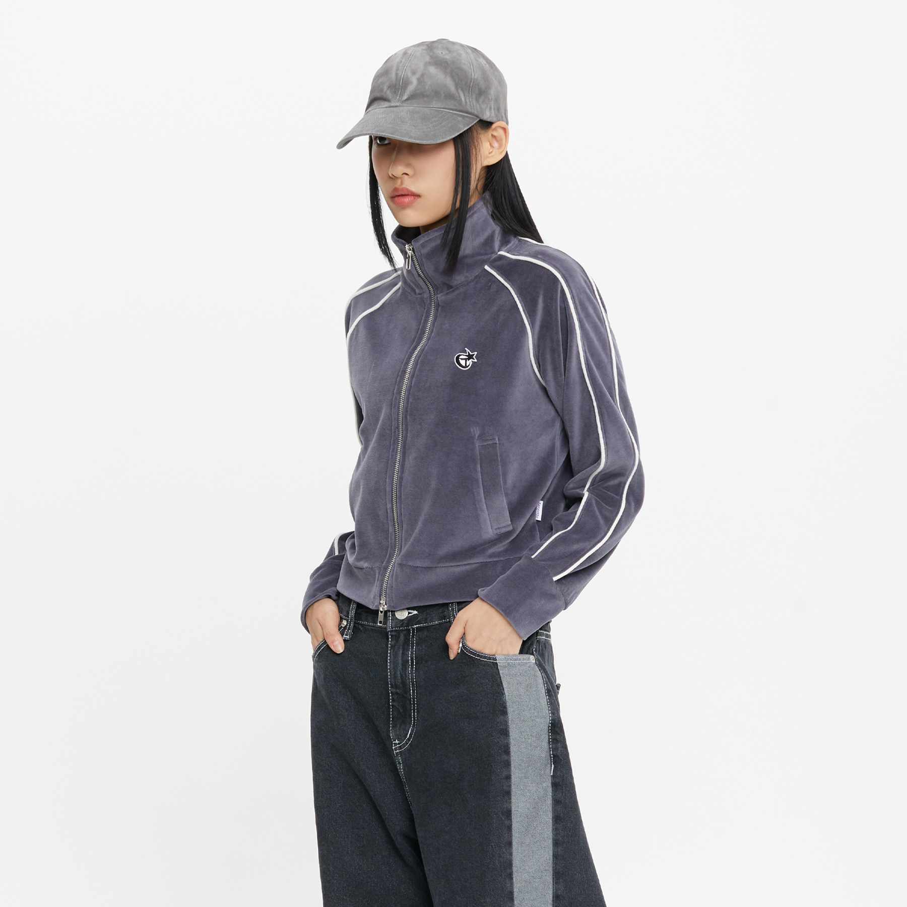PIPING VELOUR ZIP UP_CHARCOAL