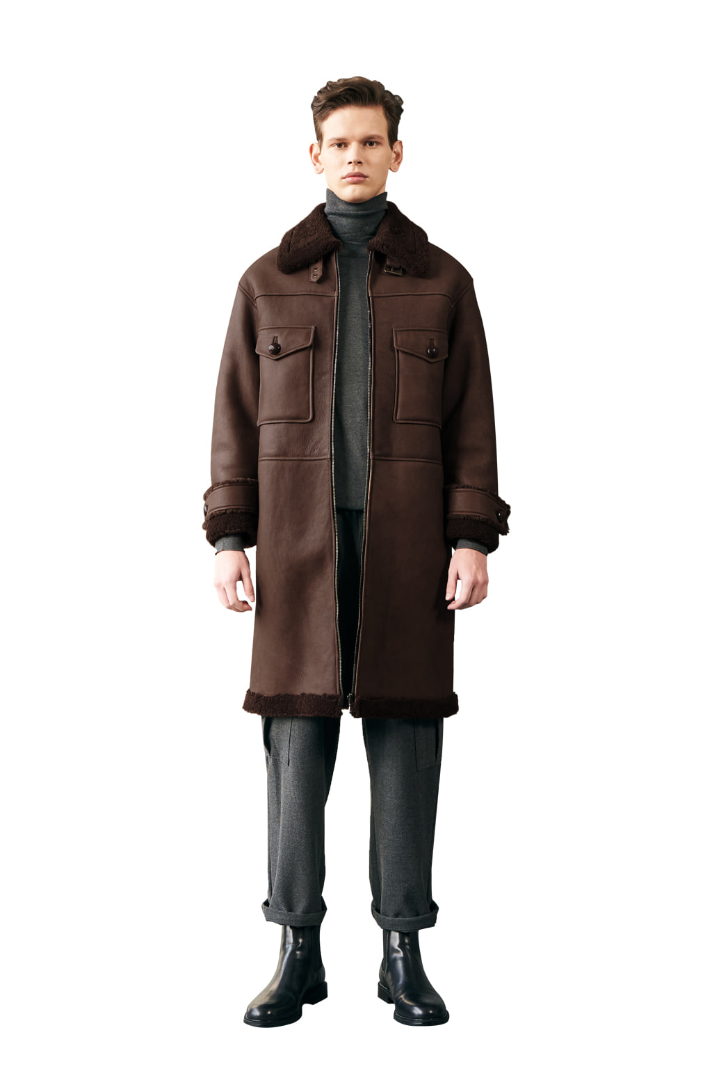 reversible pocket pointed long shearling coat (brown)