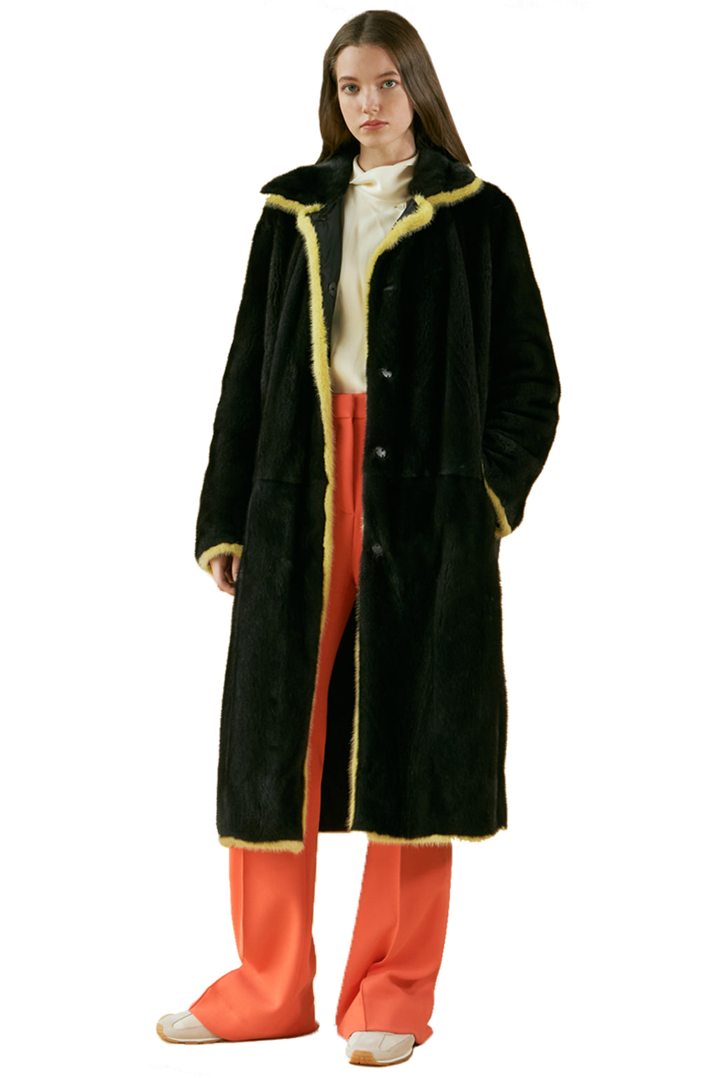 yellow lined fur coat - black