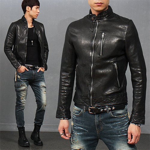 Button China Neck Zip Pocket Lambskin Leather Biker Jacket