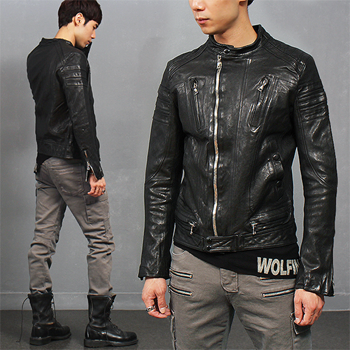 China Neck Seaming Shoulder Zipper Pocket Lambskin Leather Rider Jacket