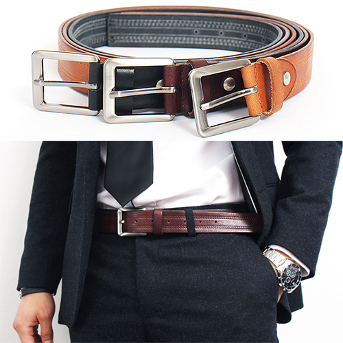 Stitched Styling Gunmetal Tone Buckle Leather Belt