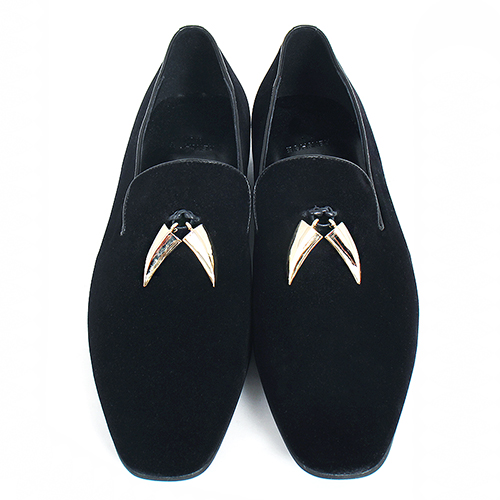 Handmade Gold Garnish Black Velvet Leather Loafers 5271-1