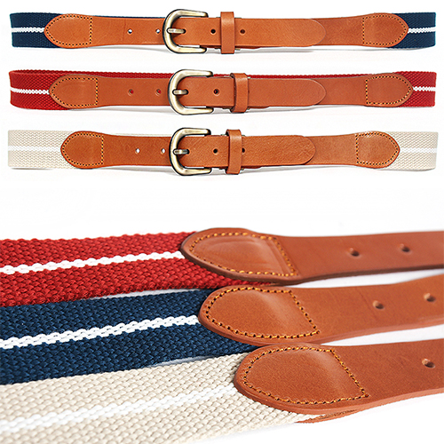 White Stripe Webbing Leather Combi Adustable Belt 