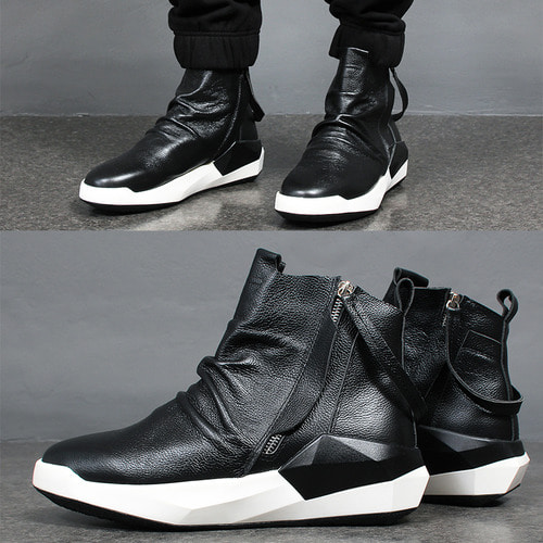 Shirring Leather High Top Double Zipper Sneakers 171A-2