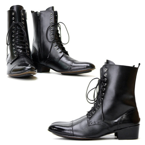 High Top Zip Closure Black Cowhide Leather Handmade Boots 2704