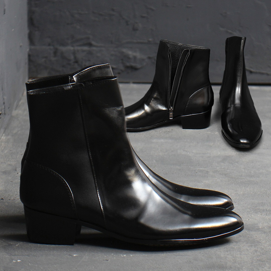 Handmade High Heel Top Zipper Black Leather Ankle Boots 007