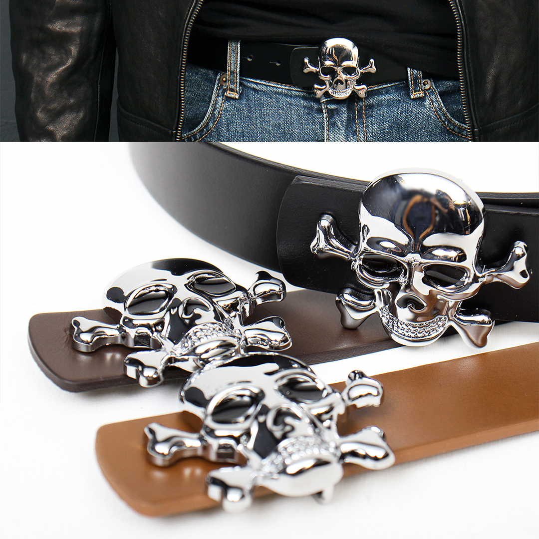 Silver Tone Skull Buckle Leather Belt 108