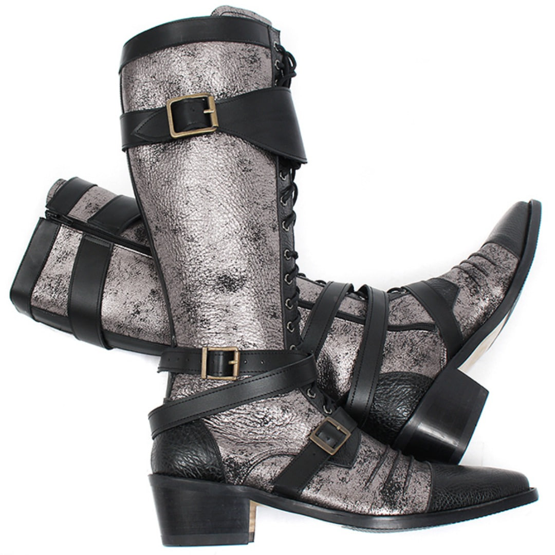Handmade Vampire Silver Coated Buckle Wrap Long Leather Boots 008