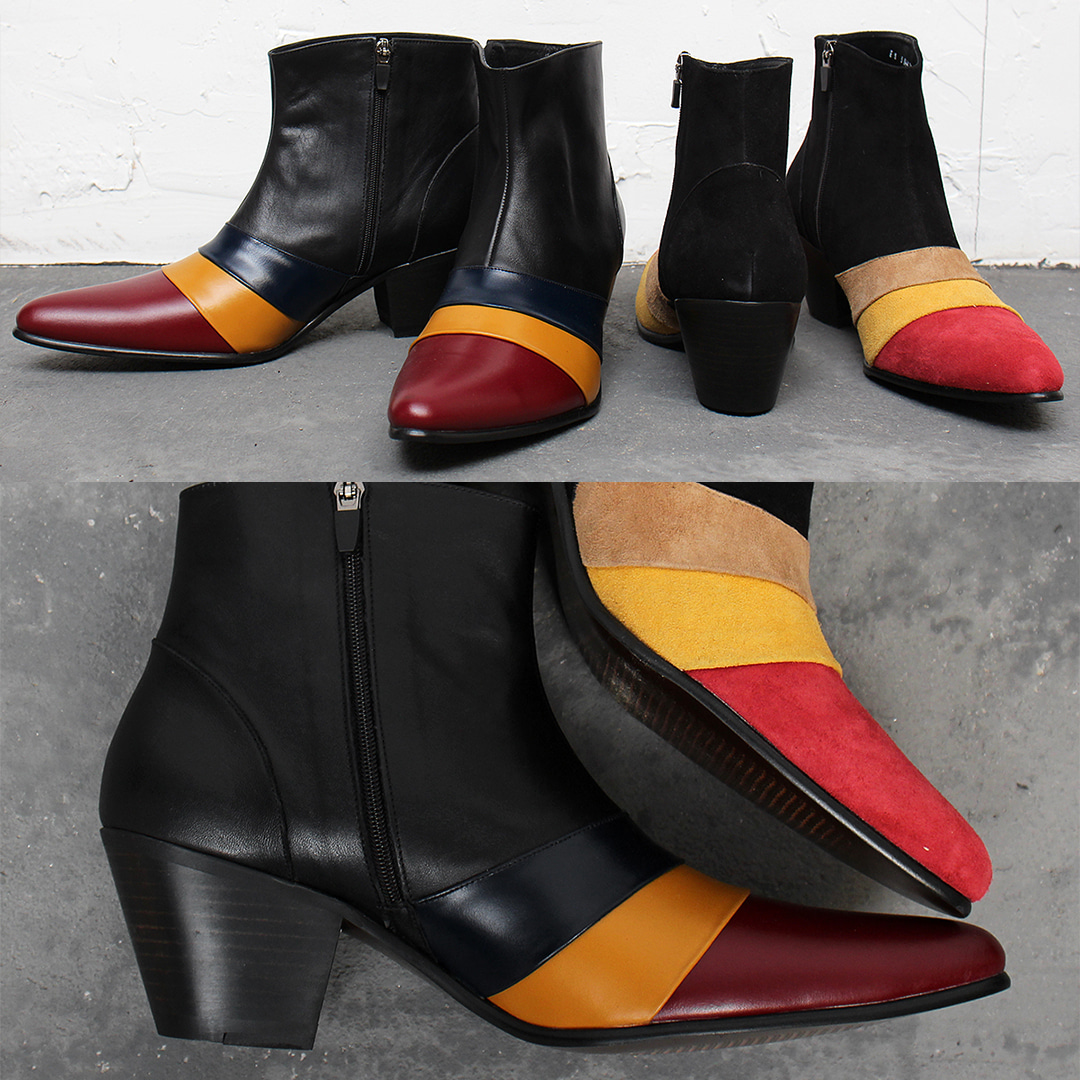 High Heel Triple Color Leather Suede Ankle Boots 011