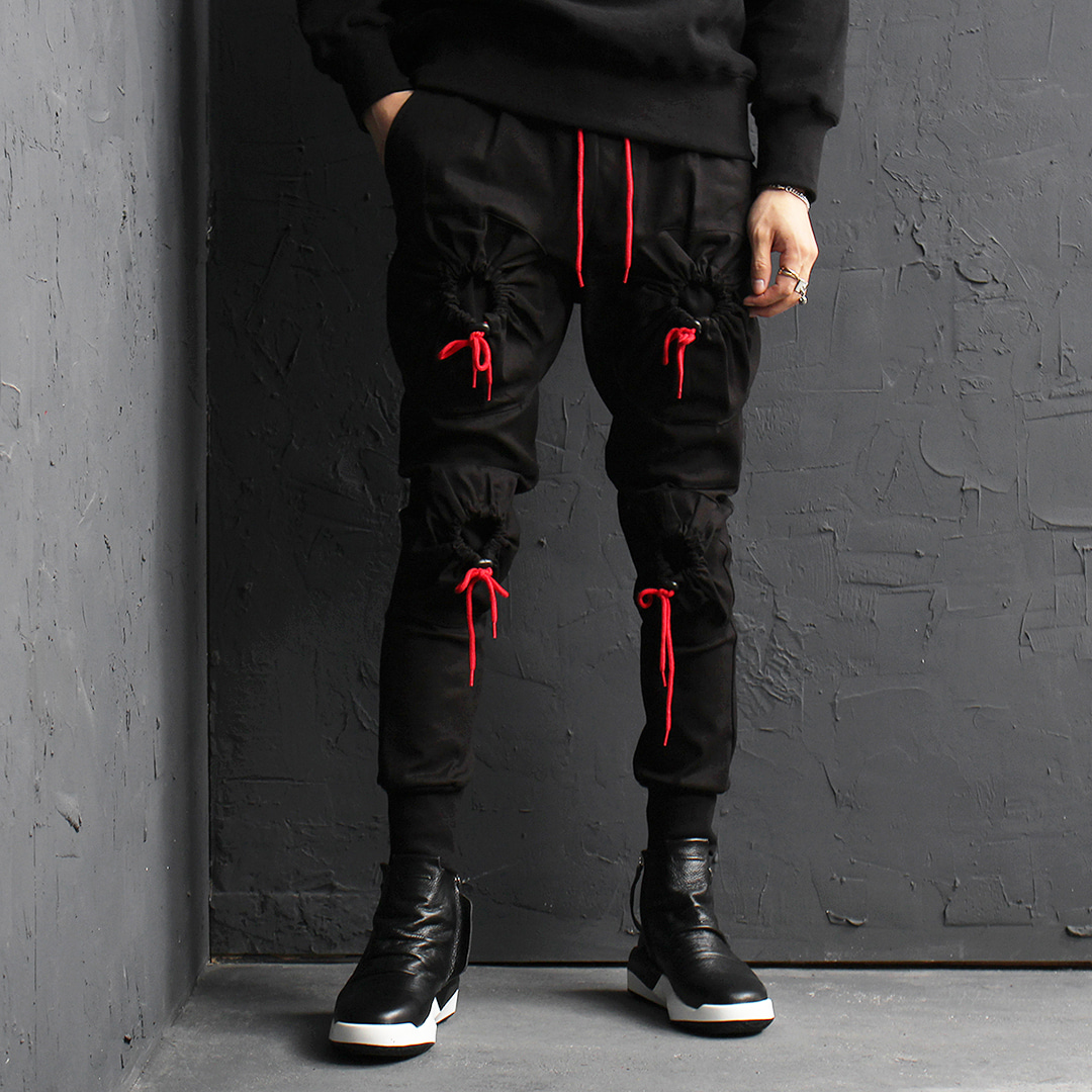 Red Draw String Unique Cargo Pocket Joggers 024