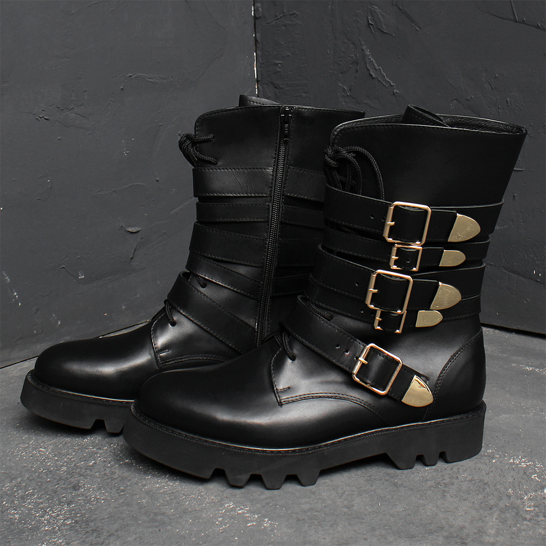 Handmade Gold Multi Buckle Leather Boots 014