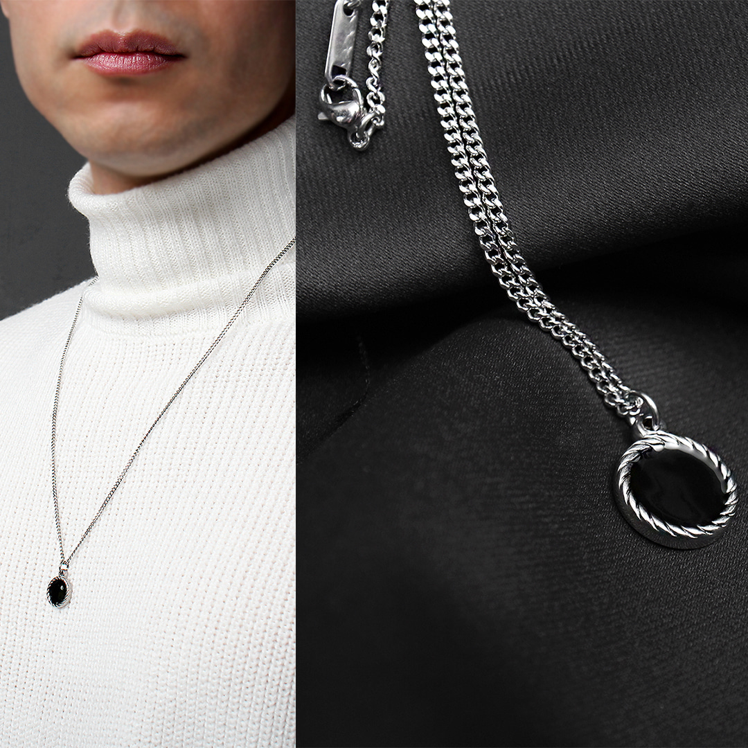 Black Dot Pendant Stainless Steel Chain Strap Necklace N117