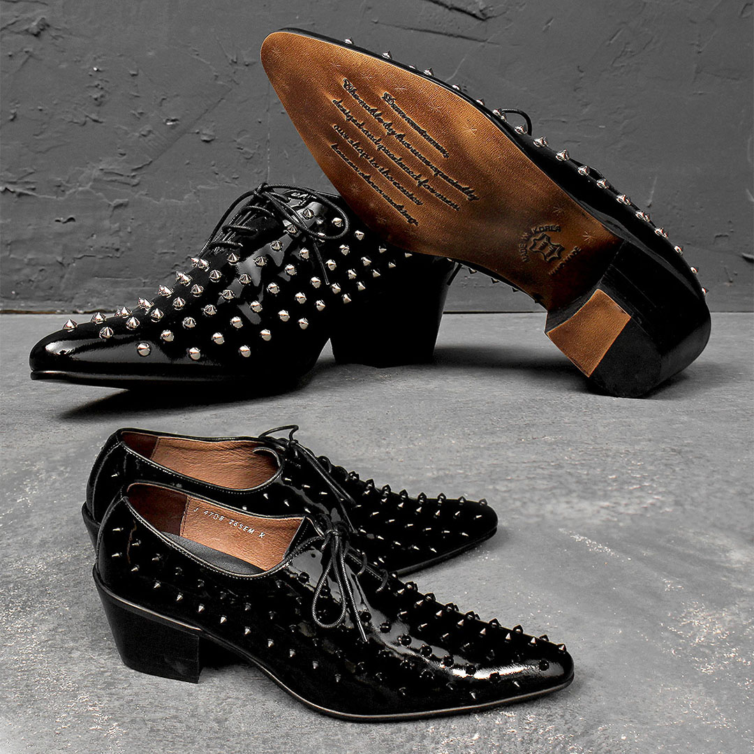 7cm High Heel Studded Handmade Black Patent Leather Shoes 564