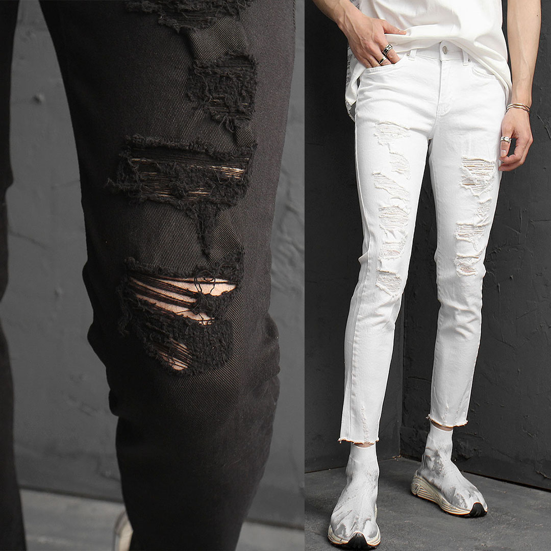 Vintage Damaged Cut Off Black White Skinny Jeans 983