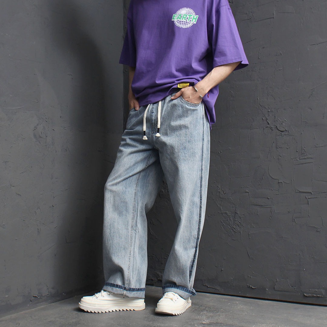 Vintage Elastic Waistband Wide Denim Pants 3163