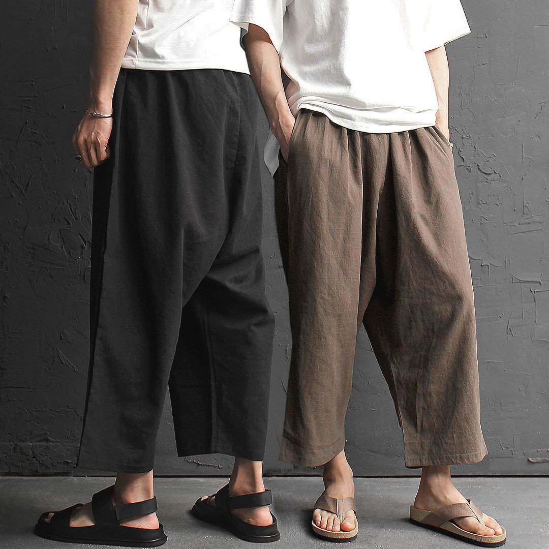 Elastic Waistband Drop Crotch Wide Linen Baggy Pants 432