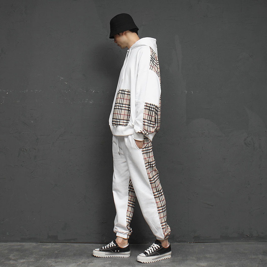 Contrast Checkered Pattern Hoodie Joggers Set 3010