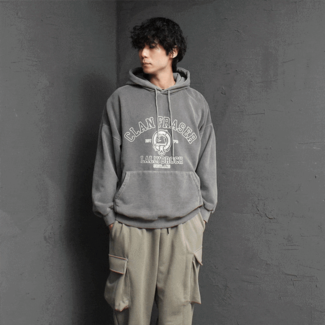 Oversized Fit Pigment Washed Printing Hoodie 3677
