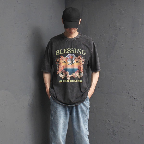 Vintage Washed Blessing Printing Tee 3313