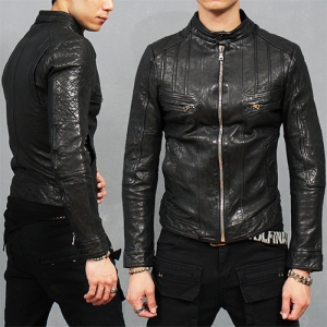 China Neck Quilted Paneling Lambskin Leather Biker Jacket
